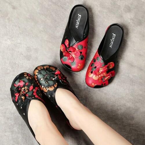 Tilocow 2020 Retro Slip On Women Slippers Summer Female Genuine Leather Hollow Out Shoes Woman Casual Wrap Toes Ladies Footwear