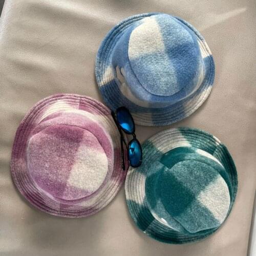 Women Woolen Bucket Hats Plaid Embroidery Logo Warm Autumn Winter New 2021 Ladies Caps