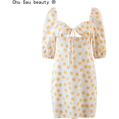 2021 Sweet French Chic Yellow Floral Print Daisy Hollow Lace-Up Puff Sleeve Women Dress Summer Vintage Vestido Fashion