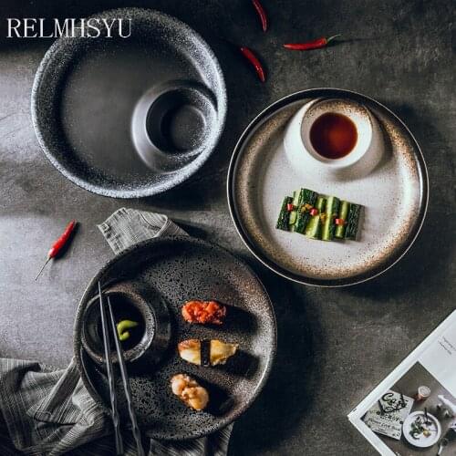 1PC RELMHSYU Japanese Style Ceramic Dumpling Plate Retro Sushi Flat Food Dish Plate Tableware