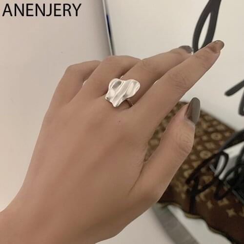 ANENJERY 925 Sterling Silver Irregular Concave-convex Smooth Opening Rings Personaliy Light Luxury Geometric Rings Wholesale