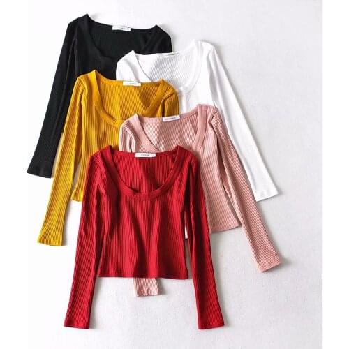 Sexy Ribbed Knitted Long sleeve Thin T Shirts Women Tops 2020 Basic Casual Red Pullover Short Tshirt Female Crop Top Clothes