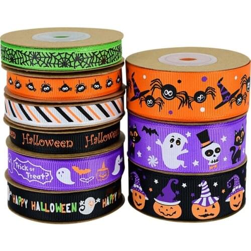 10 Yards 10-25mm Width Halloween Grosgrain Ribbon Pumpkin Ghost Spider Printed Ribbons Happy Halloween Party Gift Packing Ribbon
