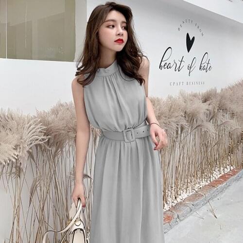 Summer Chiffon Dress Women O-Neck Sleeveless Long Midi Dress with Belt Elegant Casual Beach Dress Party Solid Office Lady X315
