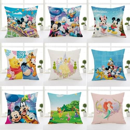 Disney Fashion Pillowcase Cartoon Mickey Mouse Sofa Cover Cotton and Linen Cartoon Princess Bear Childrens Cushion Cover Cute