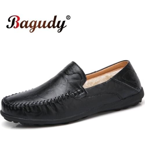 Classic Mens Leather Warm Fur Winter Casual Shoes High Quality Moccasins Flats Shoes Men Loafers Fashion Comfortable Warm Shoes