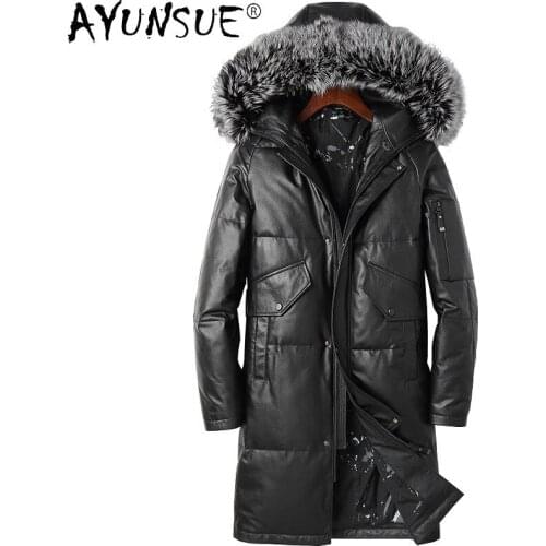 AYUNSUE 2021 Genuine Cowhide Leather Jacket Men Hooded Raccoon Fur Collar Coat for Men White Duck Down Parkas Jaquetas Gxy253