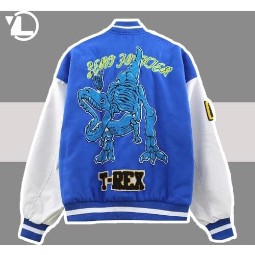 Hip Hop Varsity Baseball Jacket Men Skeleton Dinosaur Embroidery Patchwork College Coat 2021 Winter Streetwear Bomber Jackets