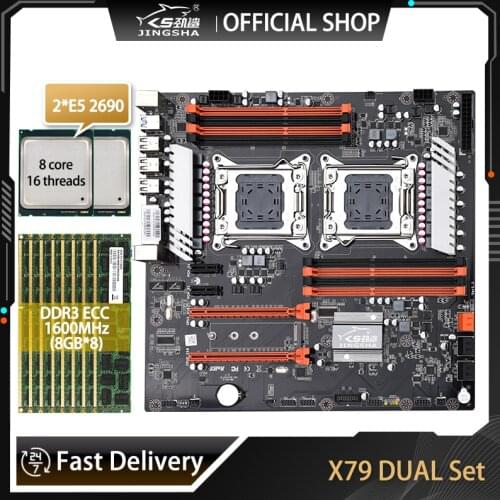 With Dual E5 2690 CPU 8x8GB 64G 1600Mhz DDR3 ECC X79 Dual CPU LGA2011 Motherboard Set Support M.2 NVMe SATA3 USB3.0