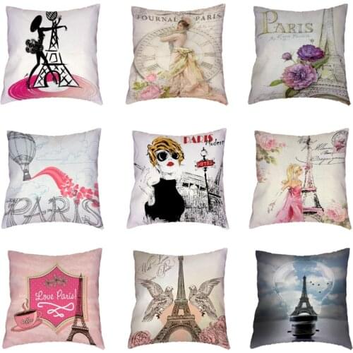 Retro Paris Tower White Throw Pillow Cases Colored Flower Bird Clock Polyester Peach Skin Cushion Covers Printed Home Decorative