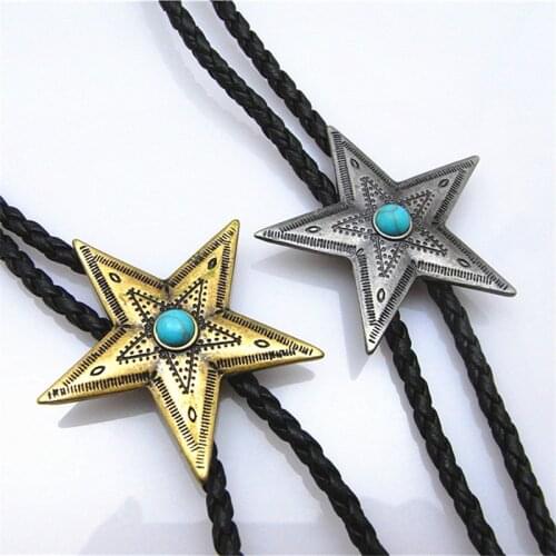 Bolo Tie New Retro Shirt Chain Blue stone Pentagram Poirot Collar Leather Necklace Long Tie Pendant