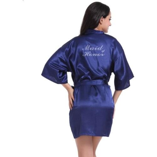 Wholesale Maid of Honor Letter Rhinestones Women Bride Short Satin Robes for Wedding Party Getting Ready T12