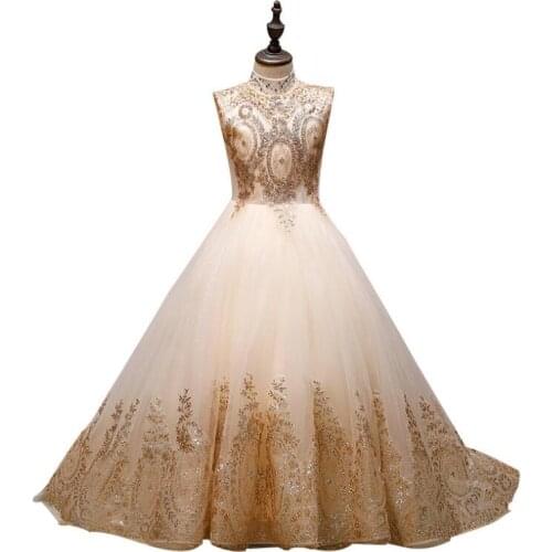 Golden Tulle Baby Girl Dresses Sequin Lace Trailing Infant Girl Pageant Christening Gown Newborn Baptism Clothing Infant 1 st Birthday Kids Girl Party Wedding Dresses