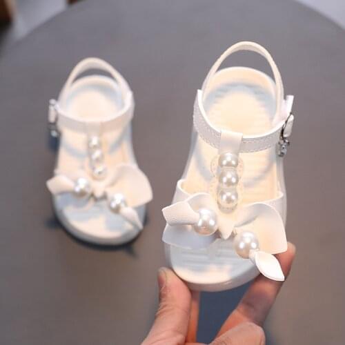 Baby Little Girls Summer Pearl Sandals 2021 New Beading Bow Princess Dress Shoes Flat Beach Toddler Sandals 1 2 3 4 5 6 Year Old