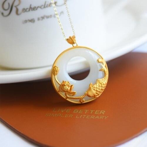 Natural Hetian Jade Safety Buckle Pendant White Jade Sterling Silver Inlaid Jade Necklace Womens Jade Pendant to Give Mom Mothe