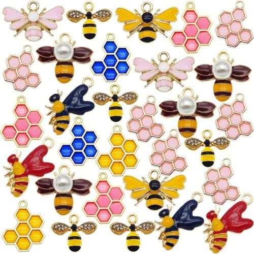 Julie Wang 12PCS Enamel Bee Honeycomb Charms Mixed Hive Honeybee Pendants Alloy Necklace Bracelet Jewelry Making Accessory