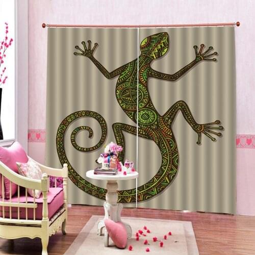 Custom Tribal Animal Green Gecko Curtain For Childrens room Bedroom Blackout Fabric Drapes Sets (Left and Right Side)