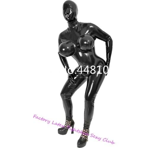 Sexy Black Womens Catsuit with Inflatable 3D breast Full Bodysuit&Mask hood and Gloves Rubber Teddies Lingerie one piece Fetish