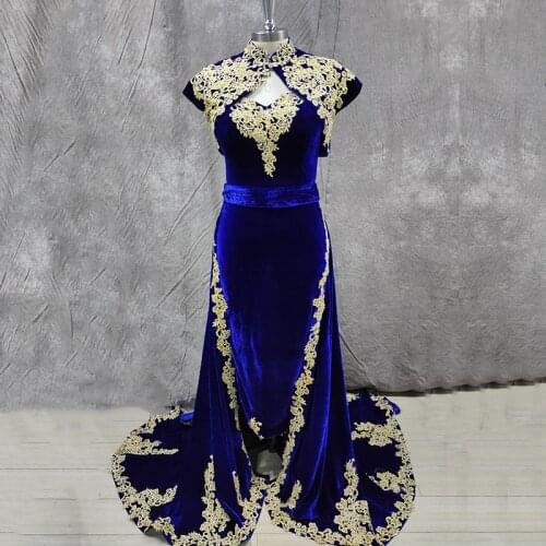 Eightale Arabic Morocco Kaftan Evening Dresses Dubai Velvet Caftan 3 Pieces Gold Appliques Royal Blue Kaftan Prom Party Dress