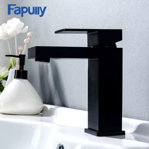 Fapully Single Handle Basin Sink Faucet Bathroom Mixer Taps Black Color Deck Mounted Hot And Cold Water Tap Square Shape