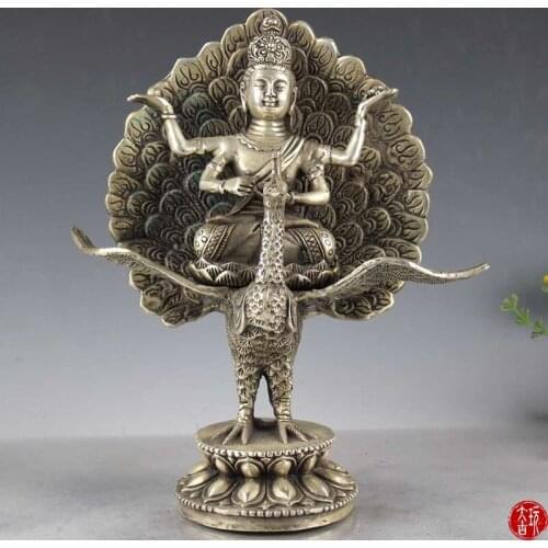 Antique Old QingDynasty Silver Statue,peacock buddha sculpture,hand carved crafts,best collection&adornment,free shipping