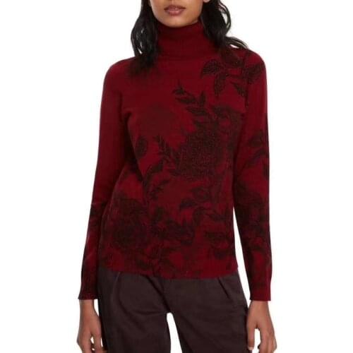 Spanish womens Vintage printed casual turtleneck wine red long sleeve knitted sweater