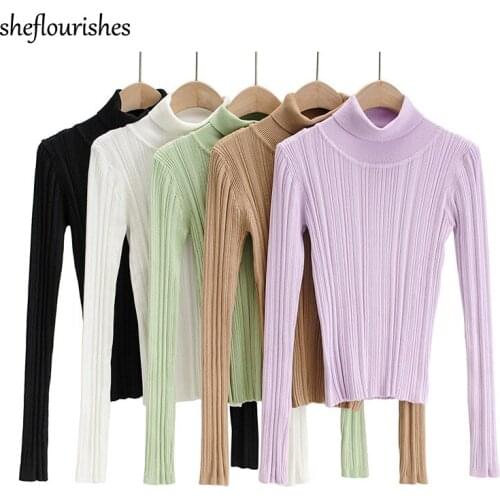 Knitted pullover women spring turtleneck sweater elegant ribbed sweater solid vintage pullover white green sweater purple 2021