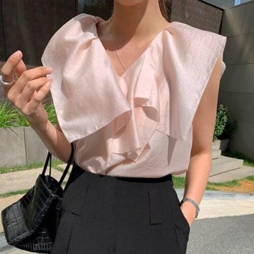 Korea Chic Summer Elegant Temperament V-Neck Irregular Stitching Design Sense of Thin Flying Sleeve Shirt Top Women