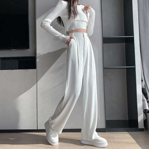 Women Pants Elastic Waist Wide Leg Fashion Female White Spring Autumn Loose Casual High Waist Long Trousers Ladies Chic Pants