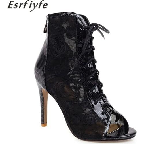 ESRFIYFE Womens Short Boots Summer Rome Boots Peep Toe Sexy High Heel Club Party Ankle Shoes Black Cool Gothic Boots Strappy