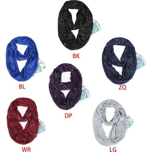 Womens Winter Double Layer Infinity Scarf Glitter Silver Sequins Hidden Zipper Pocket Storage Snood Ring Blanket Wrap