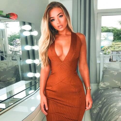 Chic Plunge V Neck Striped Women Bandage Dress Cold Shoulder Sleeveless Mini Vestidos Solid Skinny Party Sexy Dress