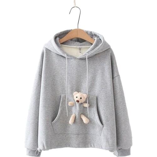 Winter Womens Sweet Pullover Fleece Warm Harajuku Hoodies Loose Solid Color Sweatshirts With Pocket Bear Doll 2010087