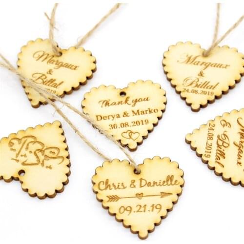 50 Personalized custom Engraved wedding name and date Love Heart wooden Wedding Gift Table Decoration Favors Candy Tags