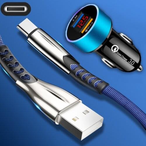 QC 3.0 Fast Phone Charger Dual USB Fast Charge Car Charger For OPPO A52 A5 A9 2020 F17 Reno 2 Z 3 4 Realme 7 6 5 Pro USB C Cable