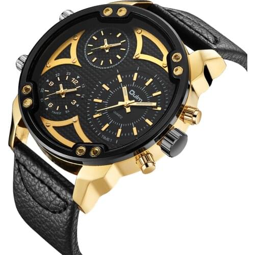 55mm Cool Big Case Quartz Watch Men Three Time Zones Mens Quartz Watches Sports Male Clock Gold Military relogio masculino reloj