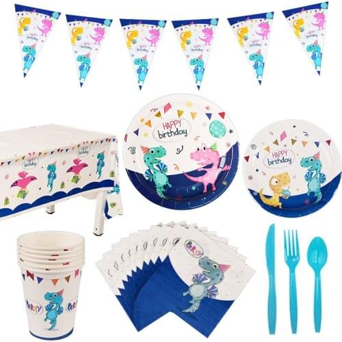 Birthday Party Disposable Tableware Paper Plate Cup Napkin Cute Dinosaur Cartoon Pattern Baby Shower Decor Supplies Kids xx259