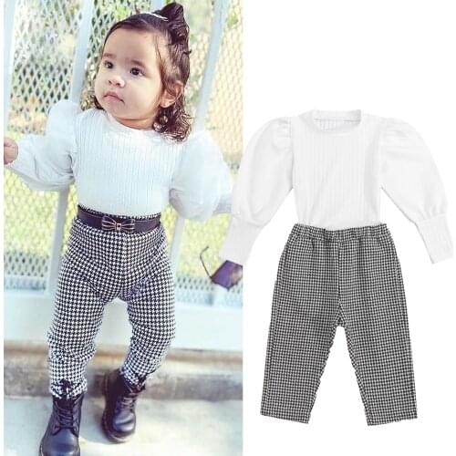 FOCUSNORM 1-6Y Fashion 2pcs Kids Girls Clothes Sets Solid Long Puff Sleeve T Shirts Tops+Plaid Printed Long Pants