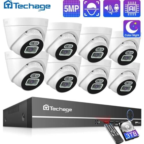 Techage 5MP Video Surveillance Camera 8CH POE NVR AI Face Detect Dome Indoor Two Way Audio recorderColor Night Security System