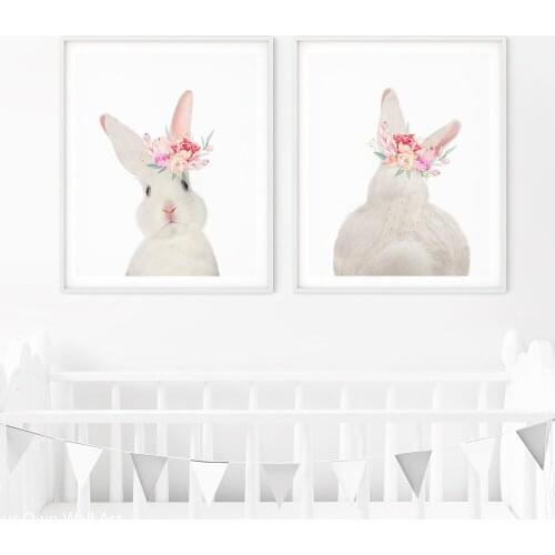 Bunny Poster Paintings Animal Nursery Wall Art Print Rabbit Canvas Painting Flower Nordic Wall Picture Girl Baby Room Decoration