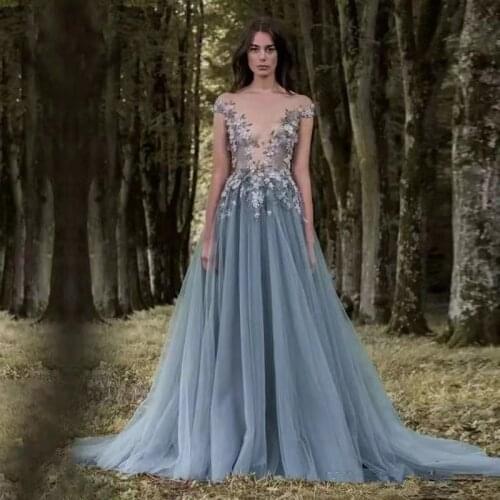 Paolo Sebastian Lace Prom Dresses Sheer Plunging Neckline Appliqued Party Gowns Cheap Sweep Train Tulle Beads Evening Gowns For