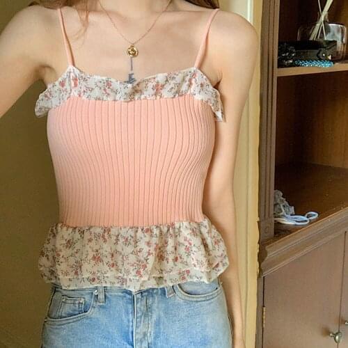 Summer Floral Printed Knitted Tank Tops Sexy Strap Patchwork Camisole Lady Slim Camis Vests WDC4703
