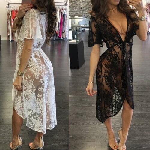 Honeymoon Wear Beach Dress See Through Sukienka Lace Embroidery Dress Transparent Party Irregular Hem Sexy Midi Dress Night Club