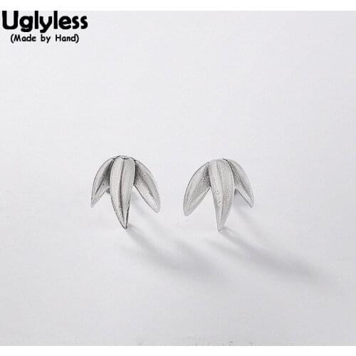Uglyless Chinese Wind Pandas Favorite Bamboo Leaf Studs Unisex MINI Stud Earrings Handmade 100% Solid 925 Silver Fine Jewelry