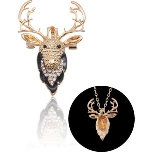 Fashion Elk Head Brooch Pin Dual Use Enamel Gold Sweater Chain Deer Brooches For Women With Rhinestone Animal Pins Xmas Gift