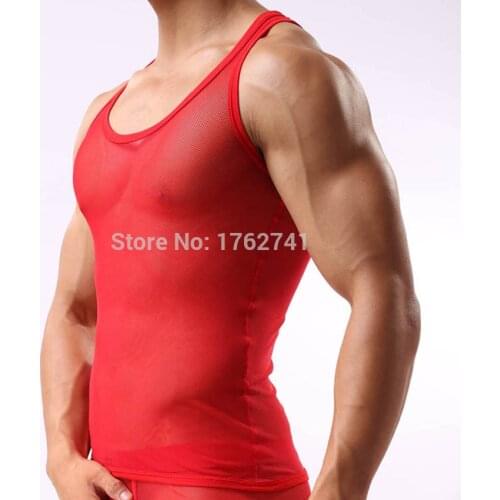 Mens Vest Underwear Slim Fit Tank TopMens Clothing See Through Mesh U-neck Line Shirt Bodybuilding Clothes