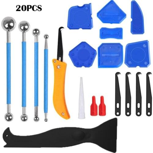 20 piece set of caulking tools 2-in-1 internal and external corner hook scraper seam pressing steel ball rod glass glue scraper