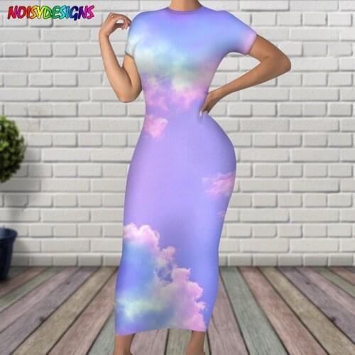 NOISYDESIGNS Pink Purple Sky Clouds Printed Summer Casual Womans Dress Short Sleeve Slim Long Dress Plus Size Ladies Clothing