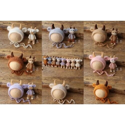 Mink velvet calf hat + doll wool knitted animal ears newborn photography props New Year of the Ox photo