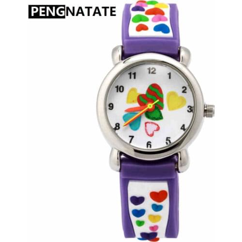 PENGNATATE Girls Watch Fashion 3D Heart Strap Children Cartoon Watches Lovely Students Kids Gift Silicone Bracelet Wristwatches